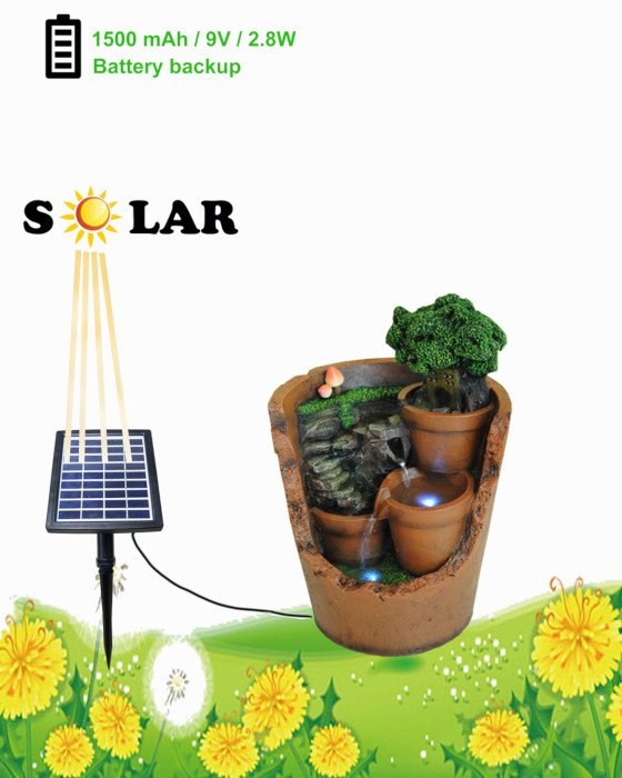 Solar Tiered Potted Falls Cascading Water Feature w/ Battery Backup & Lights