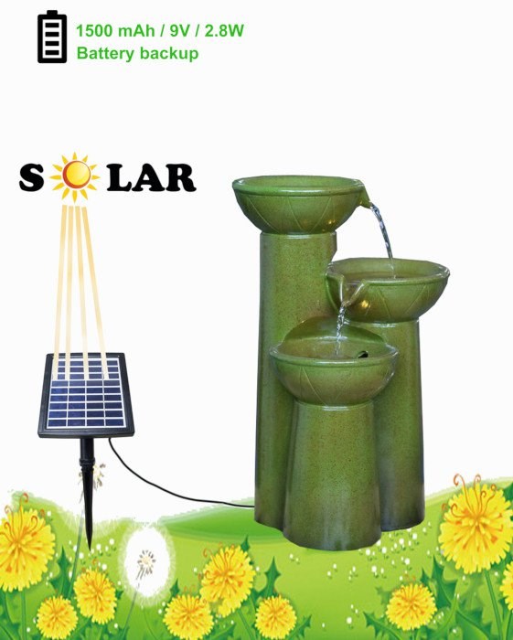 Solar Green Pouring Bowls Tiered Cascading Water Feature w/ Battery Backup