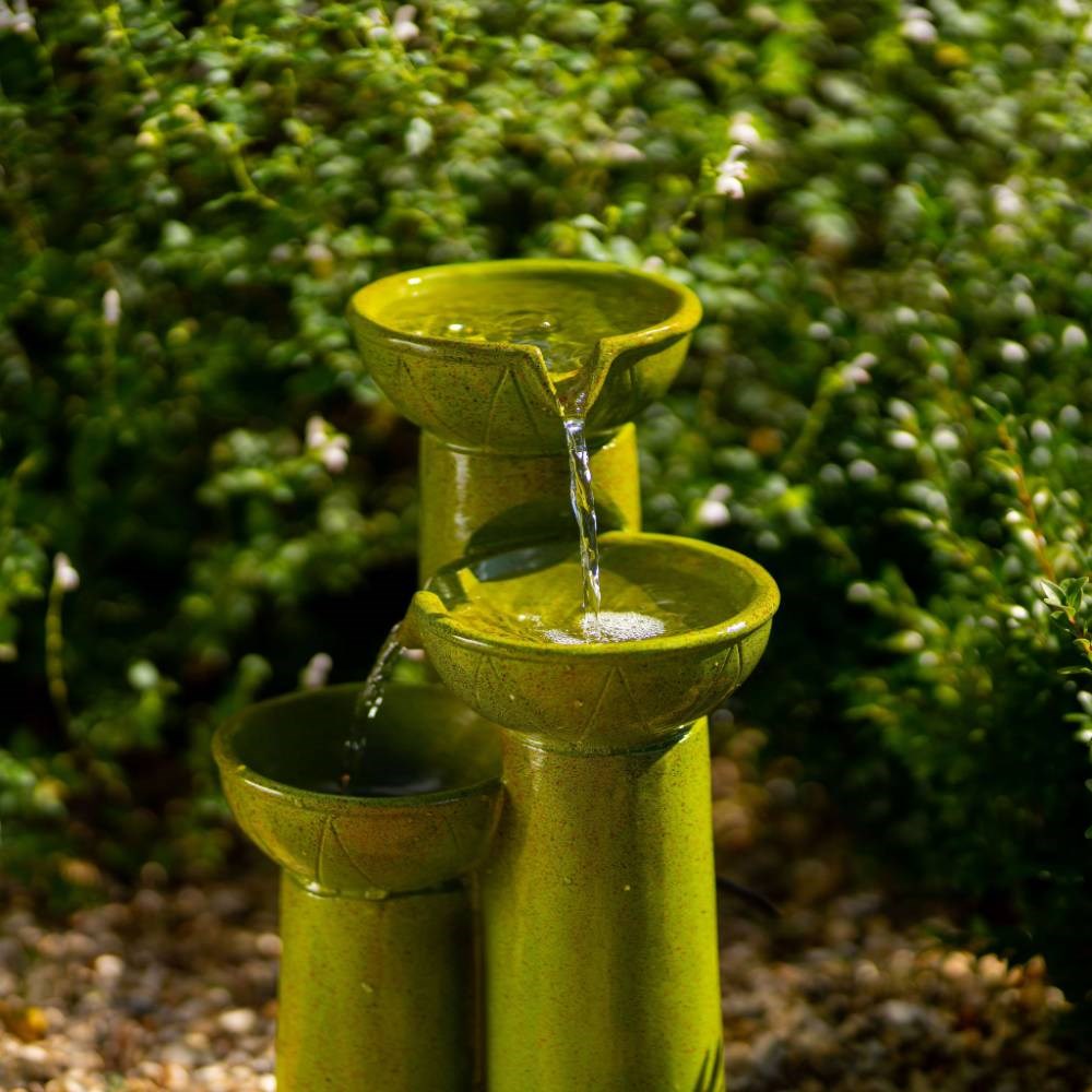 Solar Green Pouring Bowls Tiered Cascading Water Feature w/ Battery Backup
