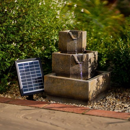 37cm Solar Tiered Coba Square Cascading Water Feature w/ Battery Backup and Lights | Solaray