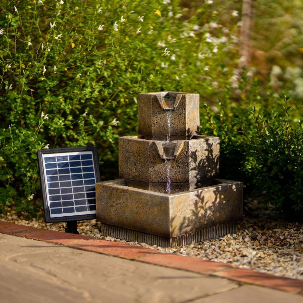Solar Tiered Coba Square Cascading Water Feature w/ Battery Backup & Lights