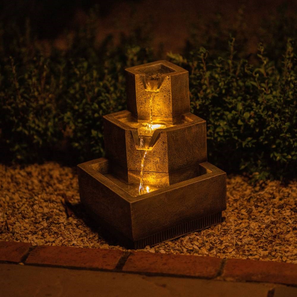 Solar Tiered Coba Square Cascading Water Feature w/ Battery Backup & Lights