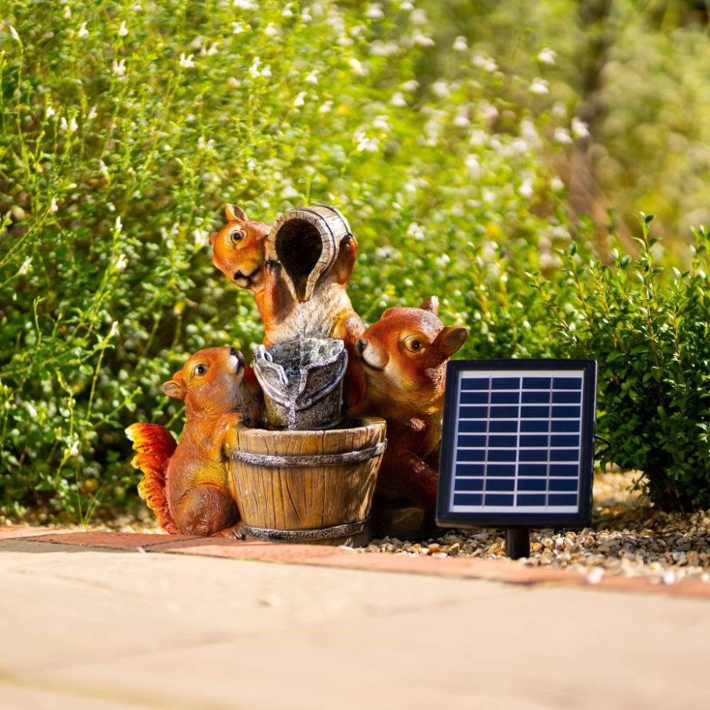 Squirrels Pouring Buckets Hybrid Solar Water Feature With LED Lights