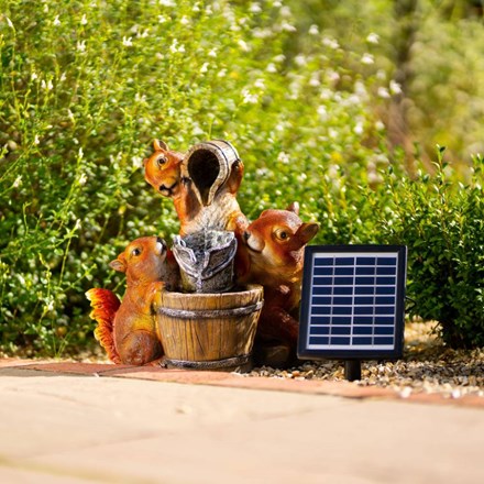 39cm Solar Squirrels Pouring Bowls Tiered Water Feature w/ Battery Backup and Lights | Solaray