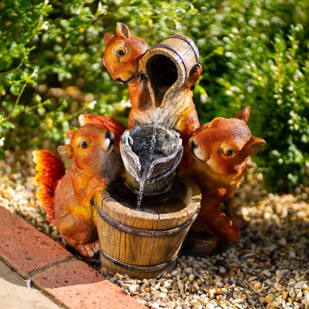 Solar Squirrels Pouring Bowls Tiered Water Feature w/ Battery Backup & Lights