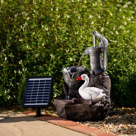 49cm Solar Duck At The Well Tiered Cascading Water Feature w/ Battery Backup and Lights | Solaray