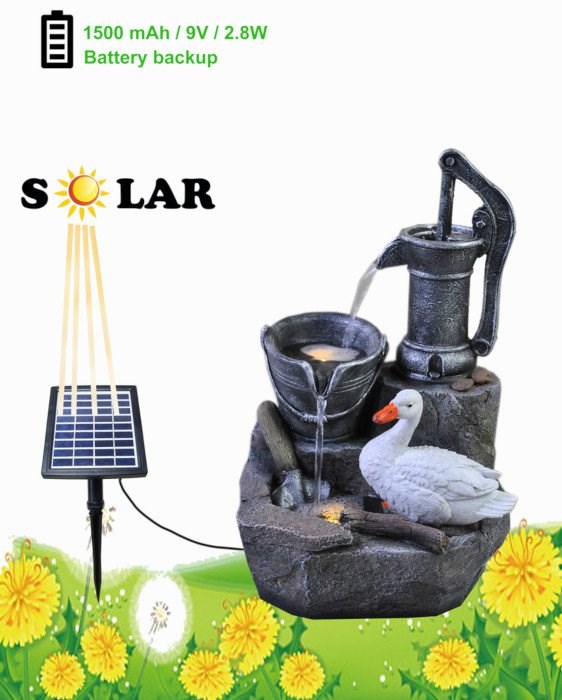 Solar Duck At The Well Tiered Cascading Water Feature w/ Battery Backup & Lights
