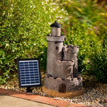 49cm Solar Grey Castle Tiered Cascading Water Feature w/ Battery Backup and Lights | Solaray