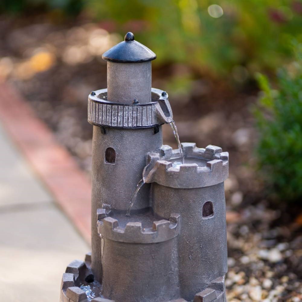 Solar Grey Castle Tiered Cascading Water Feature w/ Battery Backup & Lights