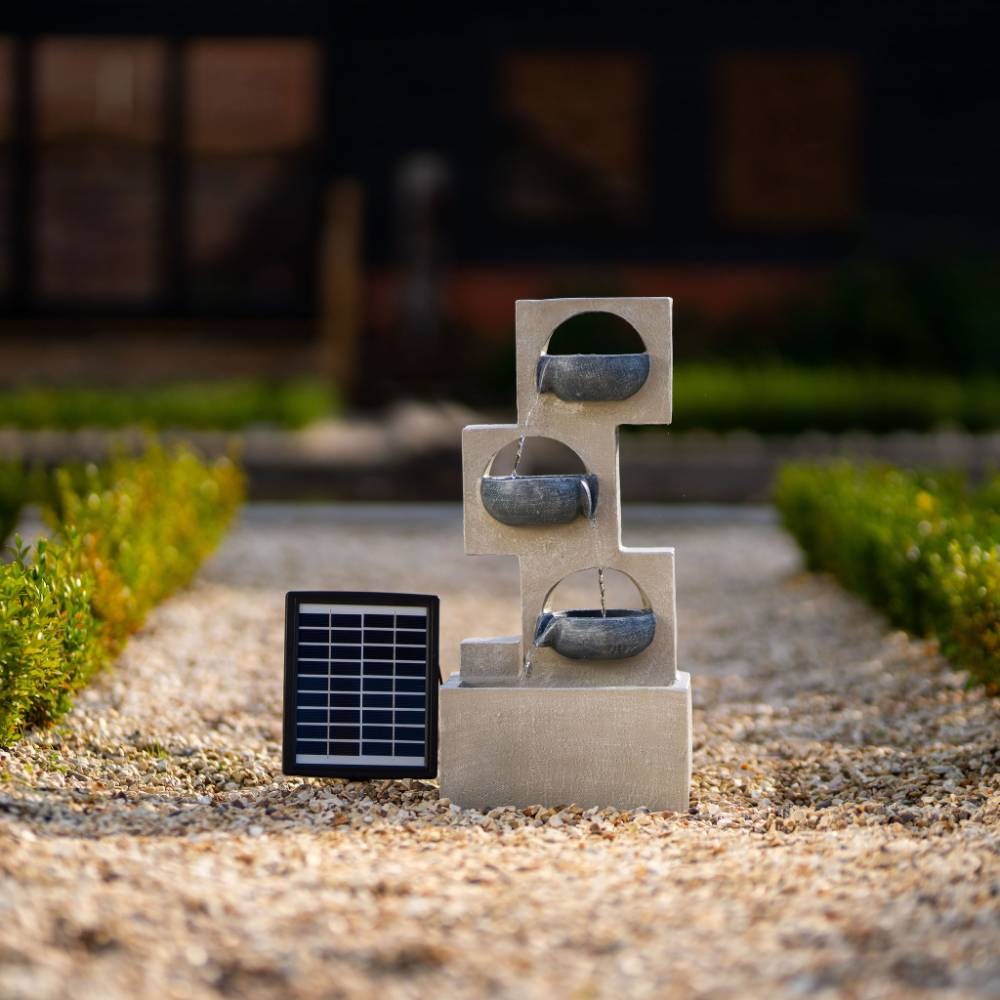 Modern Cascading Bowls Hybrid Solar Water Feature With LED Lights