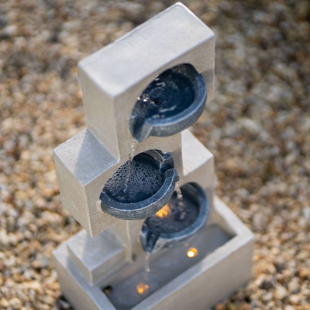 Solar Grey Column Pouring Bowls Tiered Water Feature w/ Battery Backup & Lights