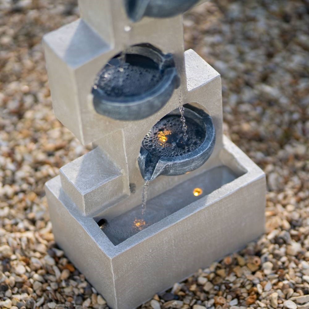 Solar Grey Column Pouring Bowls Tiered Water Feature w/ Battery Backup & Lights