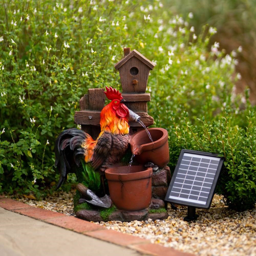 Rooster Pouring Pots Solar Water Feature With LED Lights