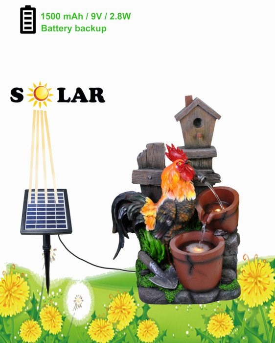 Solar Rooster Pouring Pots Tiered Cascading Water Feature w/ Battery Backup