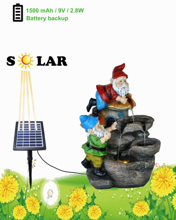 Solar Rock Fall Gnomes Cascading Water Feature w/ Battery Backup & Lights
