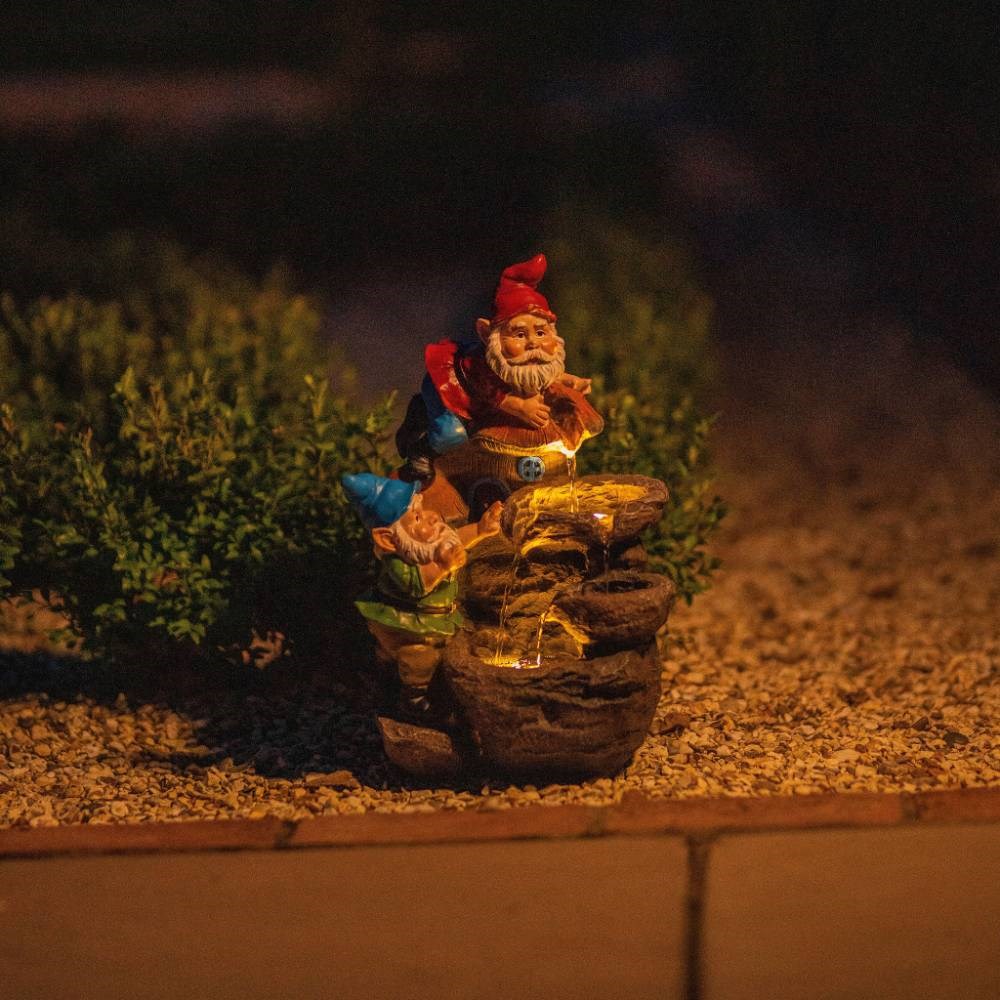 Solar Rock Fall Gnomes Cascading Water Feature w/ Battery Backup & Lights