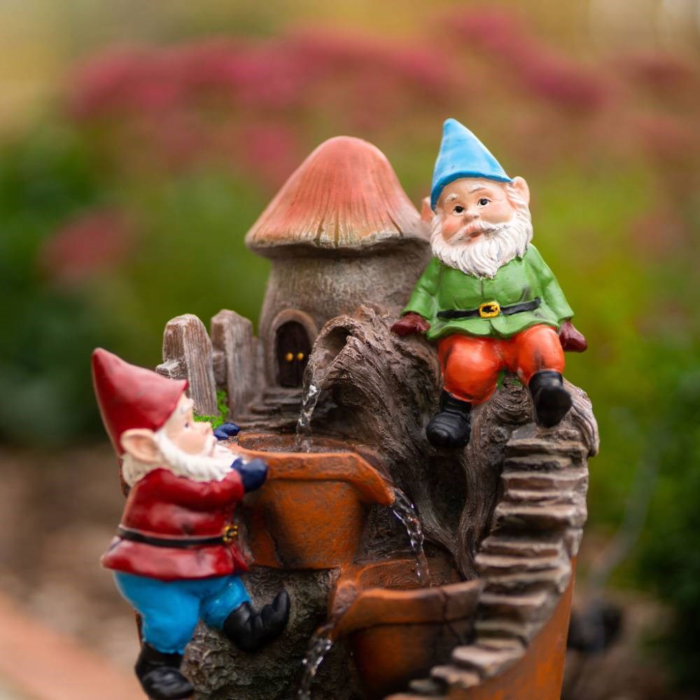 Solar Toadstool Gnomes Tiered Cascading Water Feature w/ Battery Backup & Lights