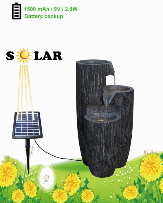 Solar Textured Vases Pouring Bowls Tiered Water Feature w/ Battery Backup