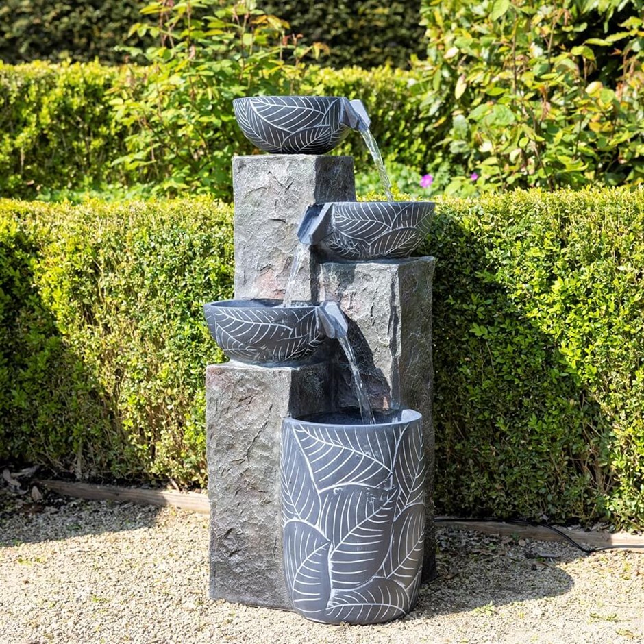 Guarda Etched Leaf 3-Tier Pouring Bowls Water Feature With LED Lights