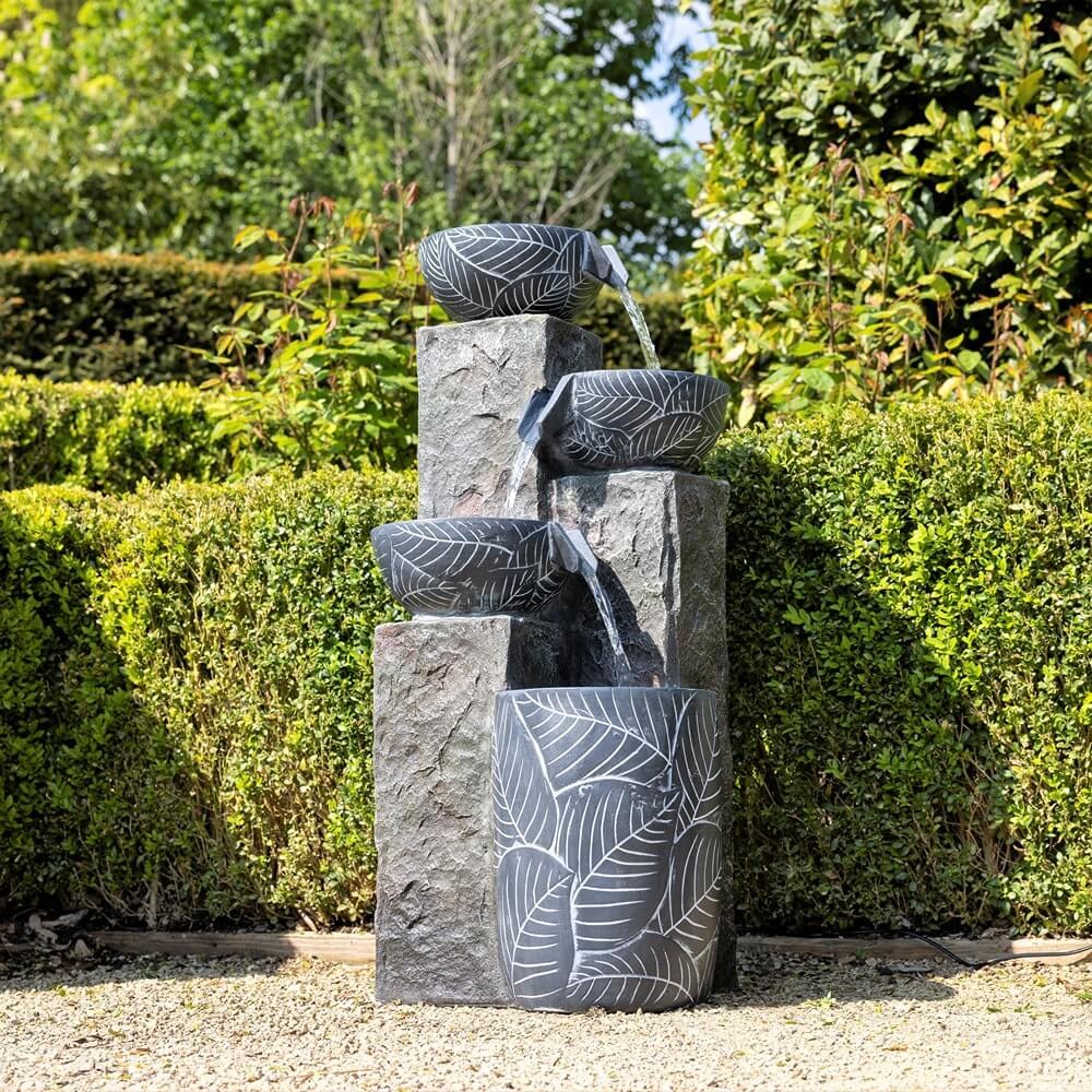 Guarda Etched Leaf 3-Tier Pouring Bowls Water Feature With LED Lights