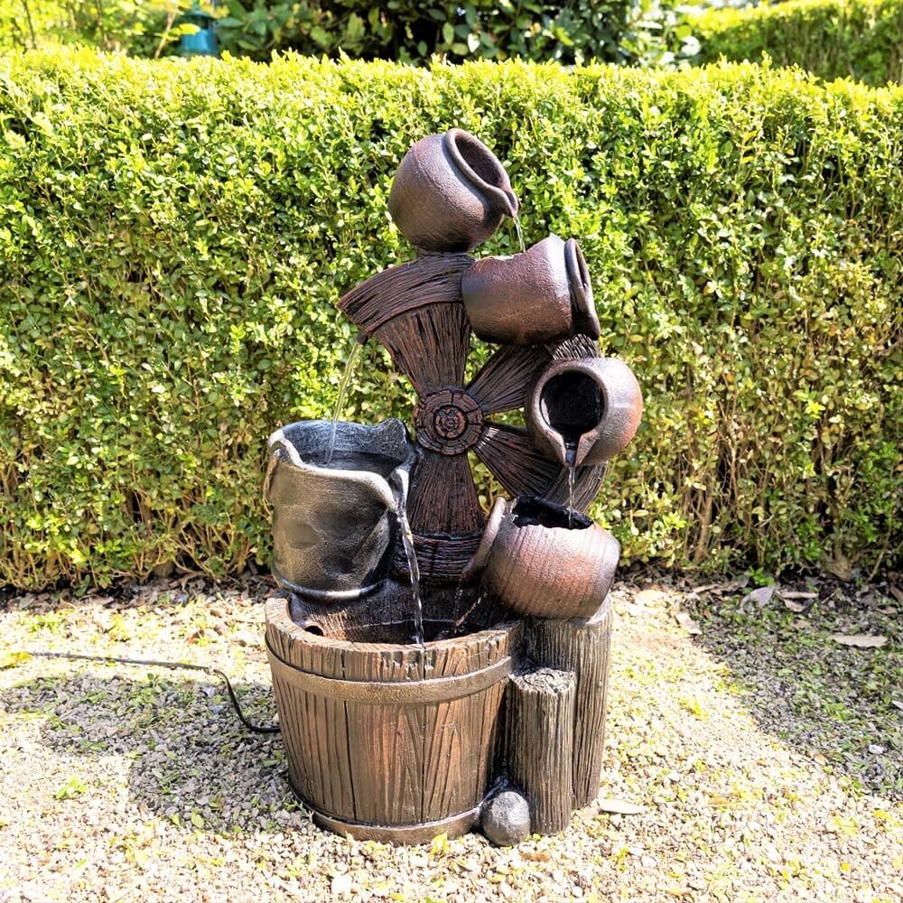 Santana Cascading Bowls Windmill & Bucket Water Feature With LED Lights