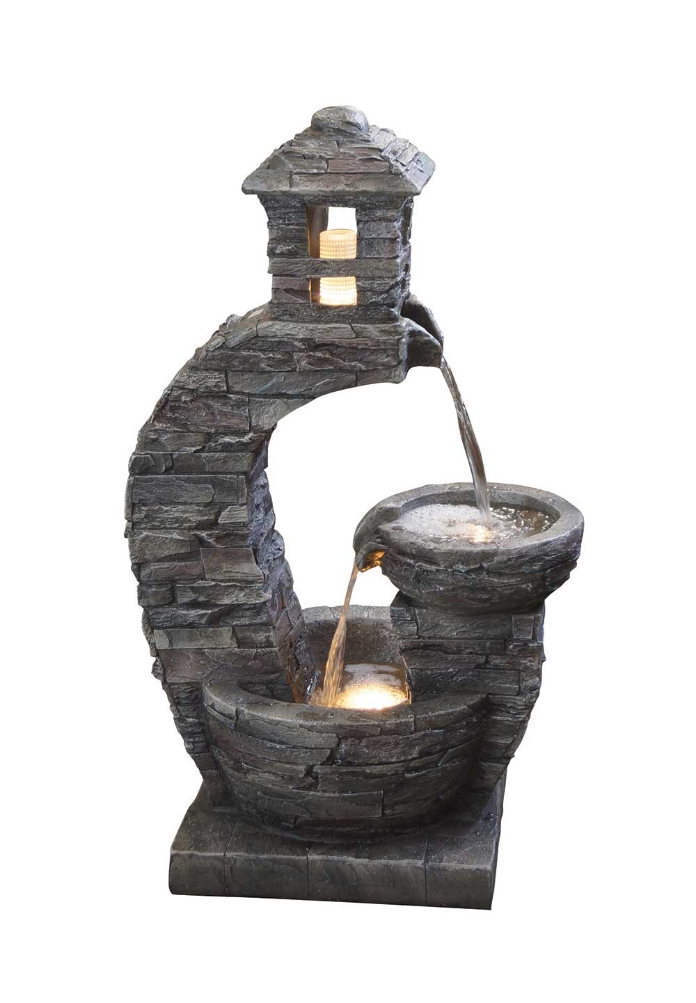 Stone Effect Pouring Lantern Tiered Water Feature With LED Lights