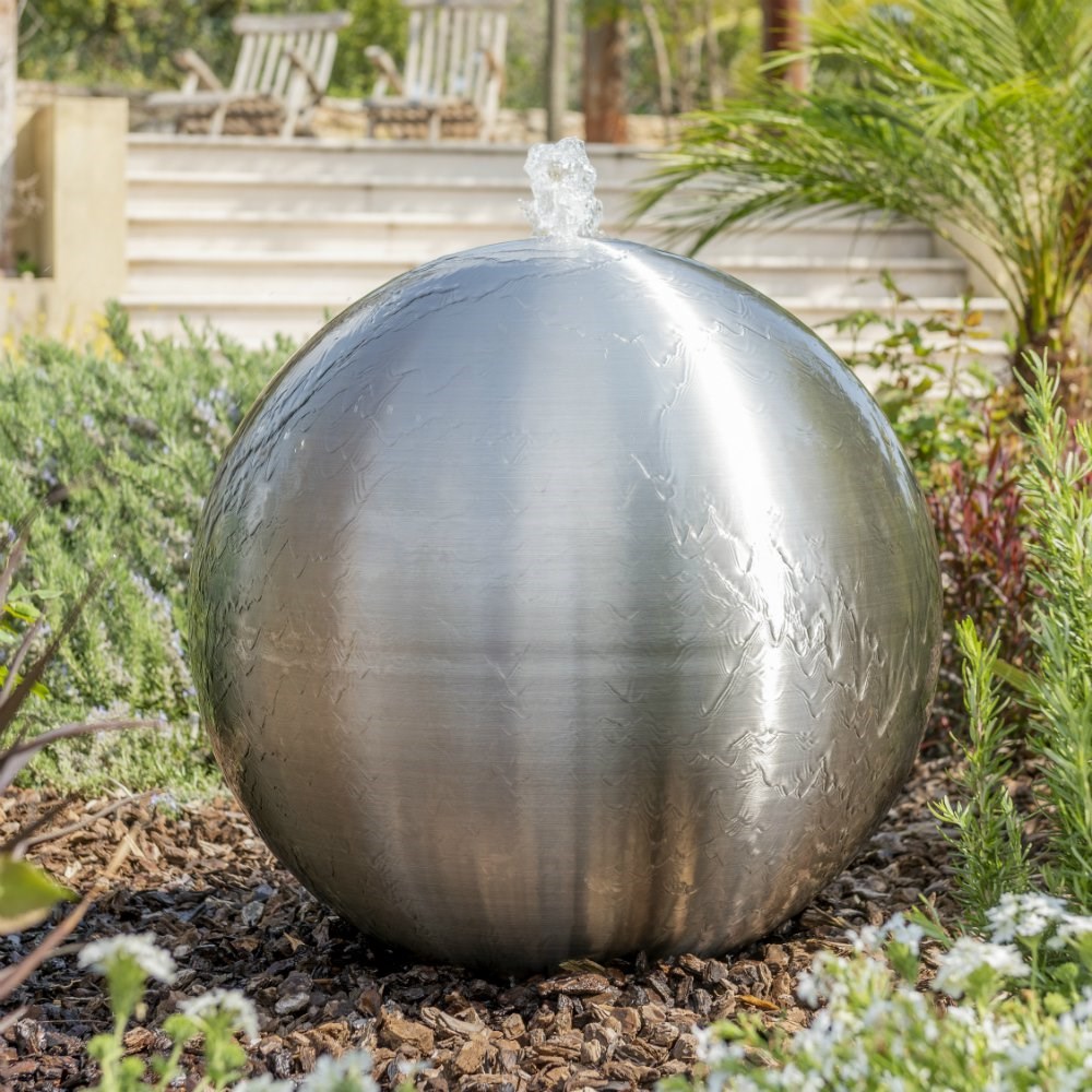 H75cm Brushed Sphere Stainless Steel Water Feature with Lights by Ambienté