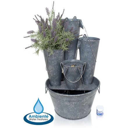 H70cm Borelli 3-Tier Bucket Cascading Zinc Water Feature Planter w/ Lights - Ambienté