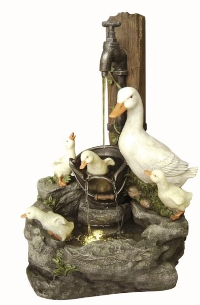 Duck Family At Tap Solar Water Feature With LED Lights