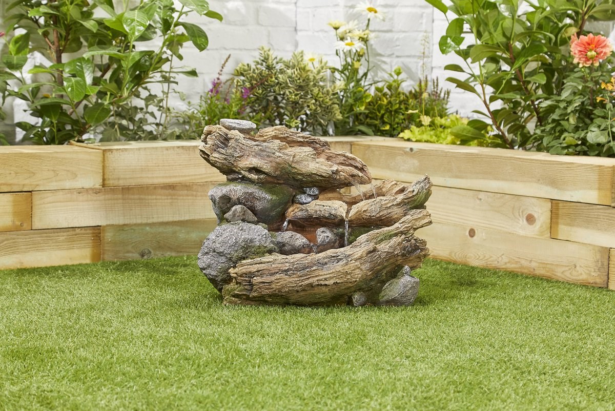 W54cm Bubbling Brook Log and Rock Cascade Water Feature with Lights