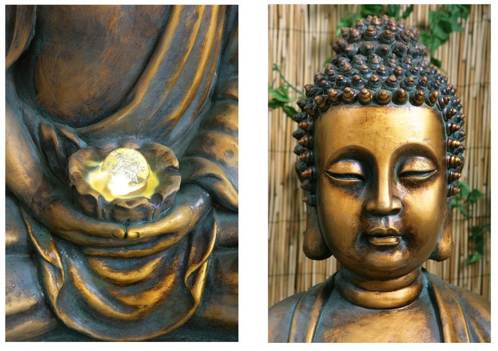 H93cm Golden Buddha Water Feature with Lights & Spinning Ball by Ambienté