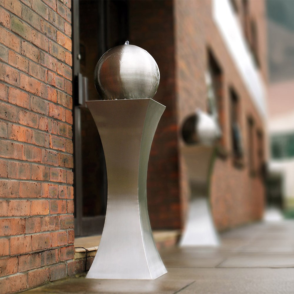 Brushed Stainless Steel Hourglass & Sphere Water Feature With LED Lights