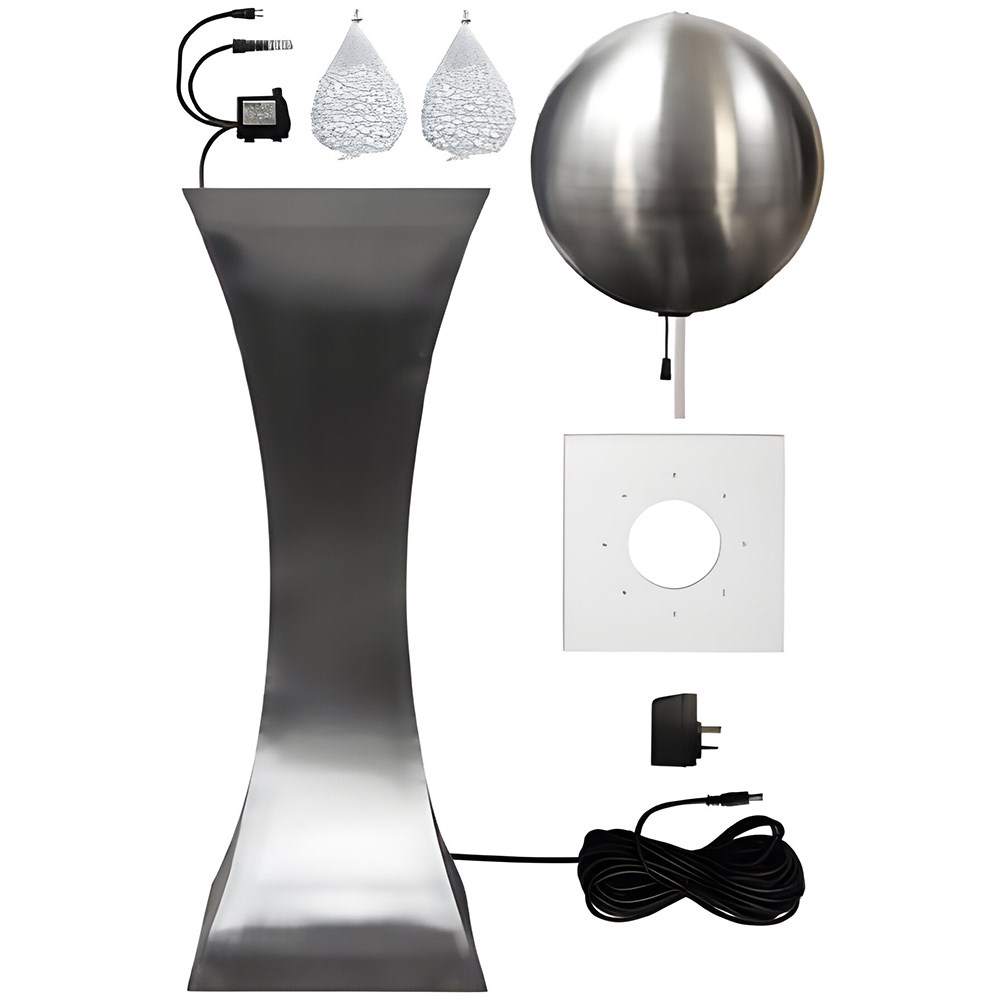 Brushed Stainless Steel Hourglass & Sphere Water Feature With LED Lights