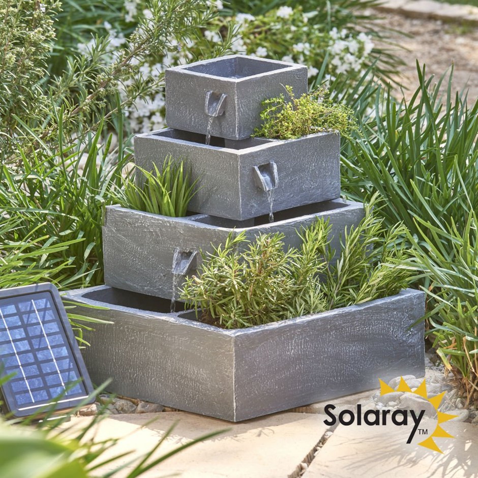 H42cm Perth Solar 4-Tier Herb Planter Cascading Water Feature by Solaray