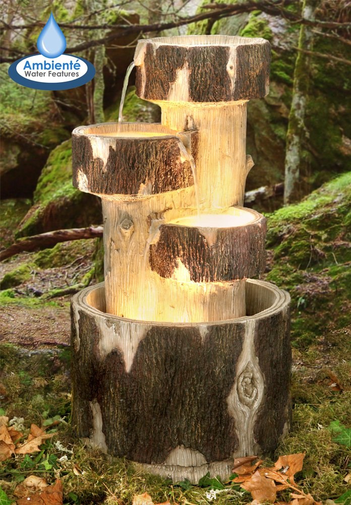 Log Stump 3-Tier Cascade Water Feature With Lights