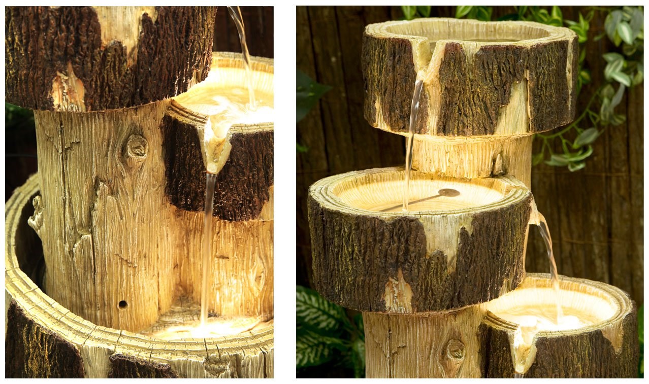 3-Tier Log Cascading Water Feature w/ Lights | Indoor/Outdoor Use | Ambienté