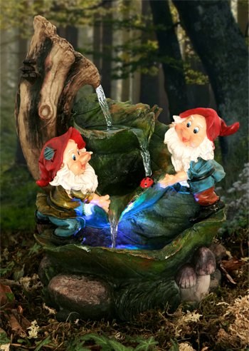 Gnomes On Leaves Cascade Water Feature With LED Lights