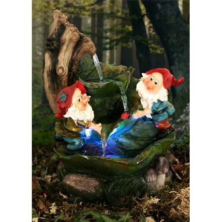 H36cm Two Gnomes on Leaves Water Feature w/ Lights | Indoor/Outdoor Use - | Ambienté