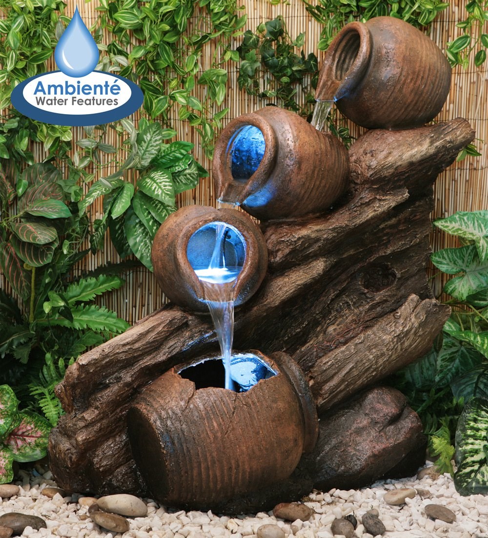 Rustic 4-Tier Oil Jar Cascade Water Feature With LED Lights