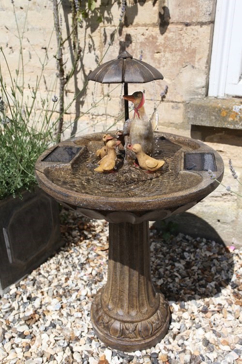 Duck Family & Umbrella Solar Water Feature