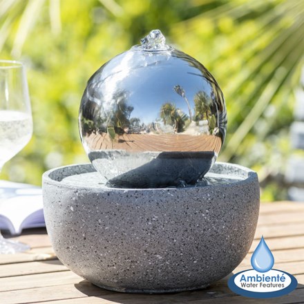 H23cm Eclipse Sphere Stainless Steel Water Feature w/ Lights | Indoor/Outdoor Use - | Ambienté
