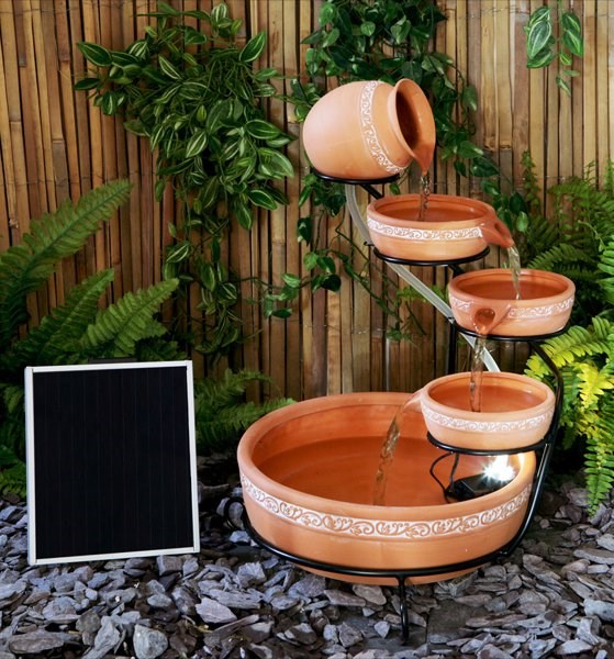 Ladonas Inlaid Terracotta Solar Cascade Water Feature w/ Battery Backup
