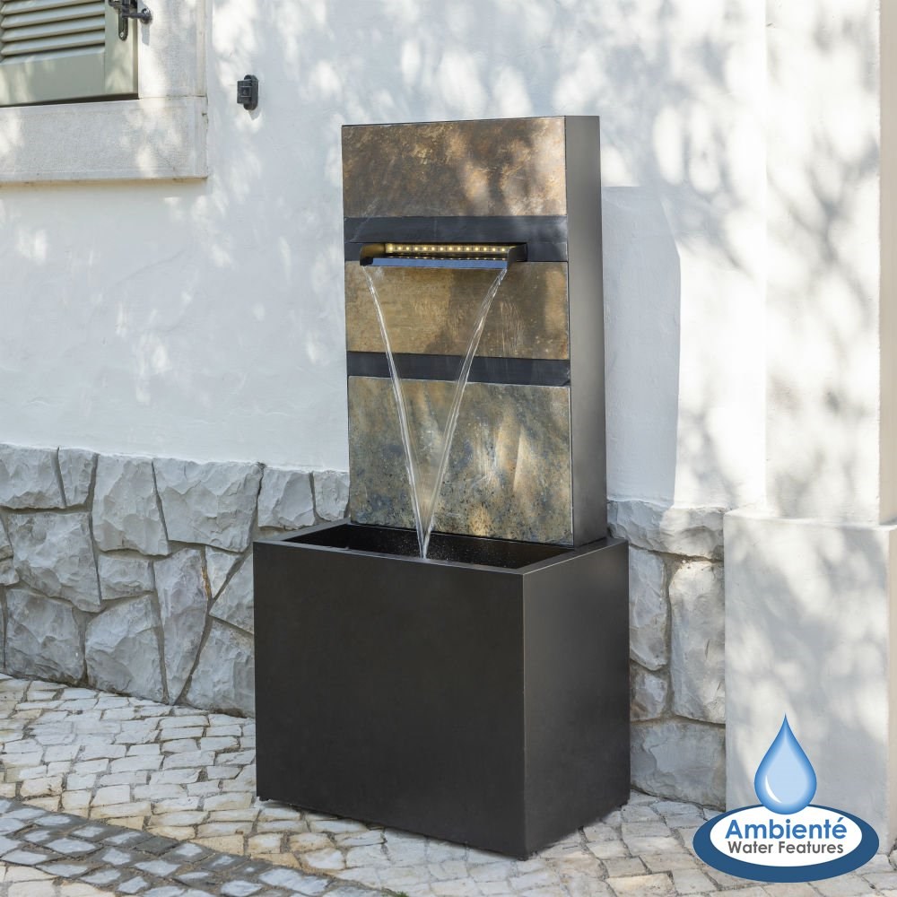 Alhambra Zinc Metal Stone Blade Cascade Water Feature With LED Lights