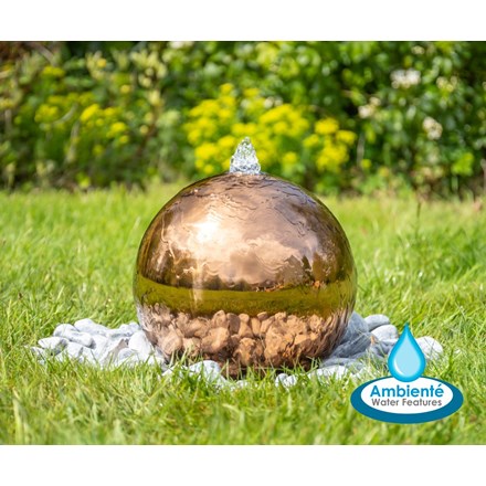 H28cm Copper Effect Sphere Stainless Steel Water Feature w/ Lights - Outdoor use - | Ambienté