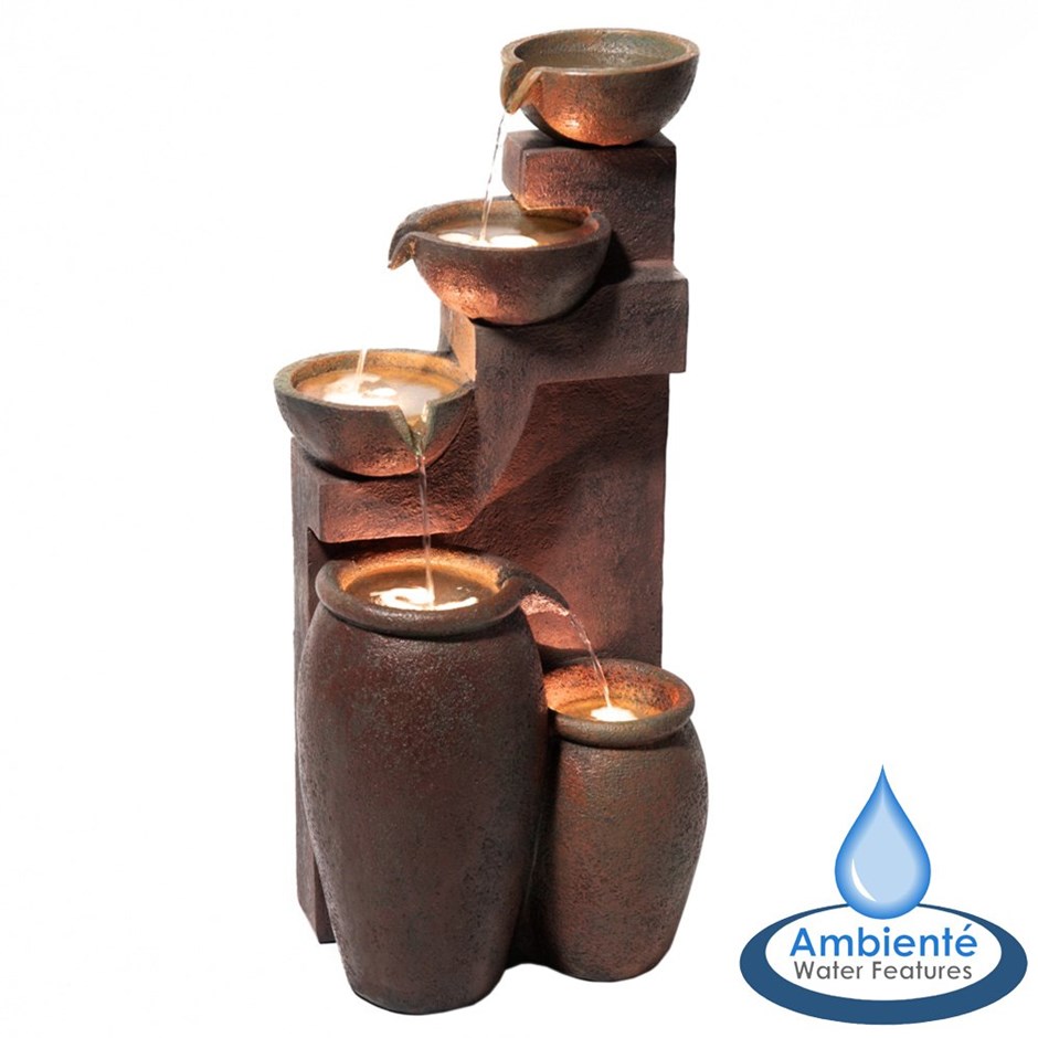 Quito 4-Tier Cascading Bowls & Jars Water Feature w/ Lights | Ambienté