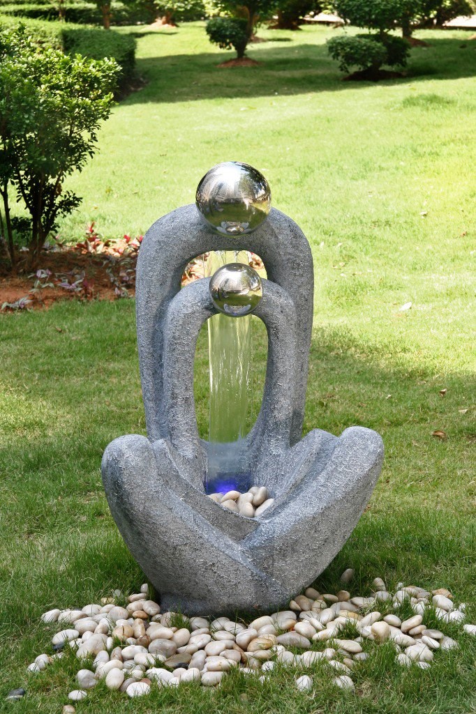 Meditating Couple Stainless Steel Spheres Water Feature With LED Lights