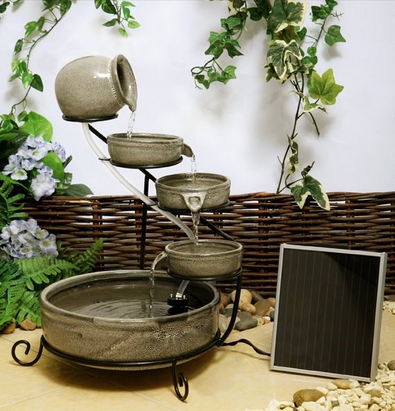H55cm Earthenware Solar Water Feature with Battery Backup and LEDs by Solaray
