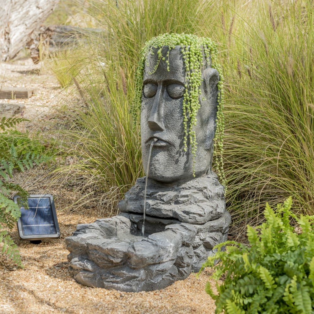 H73cm Easter Island Solar Head Water Feature & Planter with Lights by Solaray