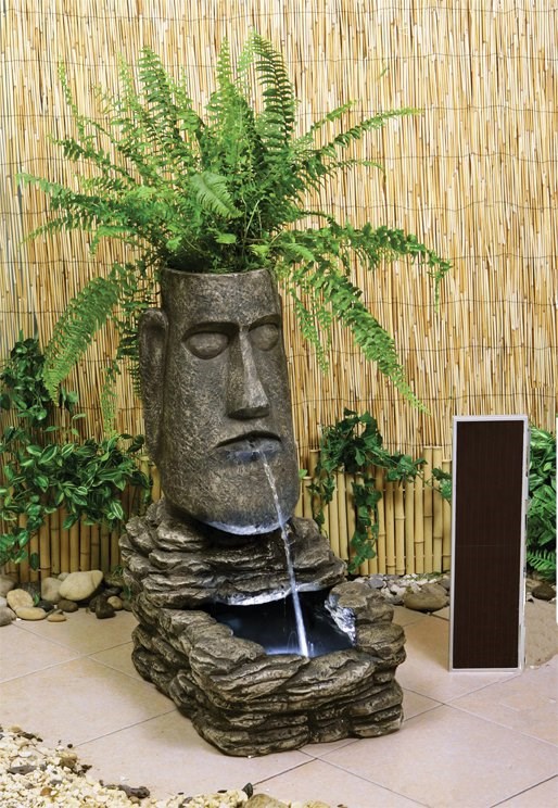 H73cm Easter Island Solar Head Water Feature & Planter with Lights by Solaray