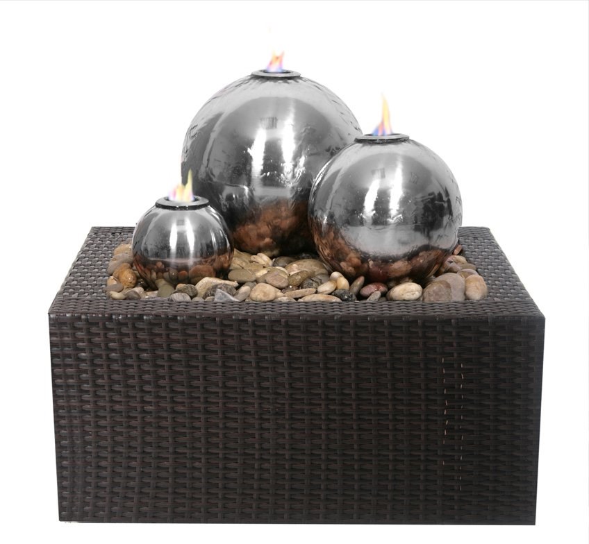 Magma Stainless Steel Triple Sphere Fire & Water Feature With Rattan Surround